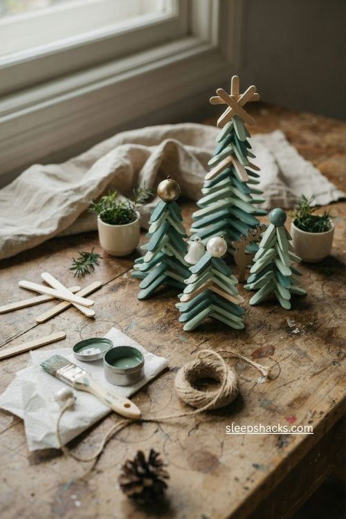 Paint stirrer christmas tree forest with layered wooden sticks and handmade star in a cozy craft room 