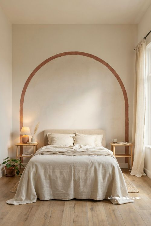 Painted arch bedroom wall ideas with terracotta paint and cozy cream bedding 