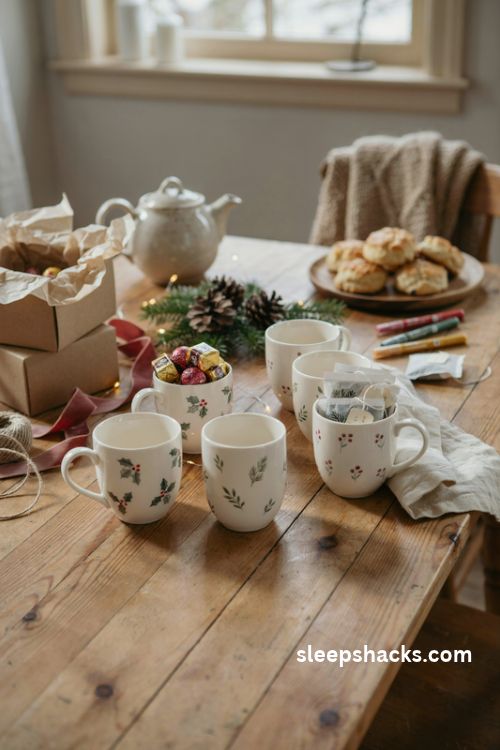 Painted ceramic mugs with handmade christmas designs and cozy diy gift wrapping ideas