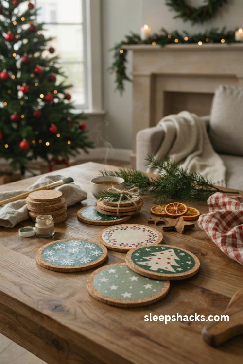 Painted cork Christmas coasters with white snowflakes and red berry designs