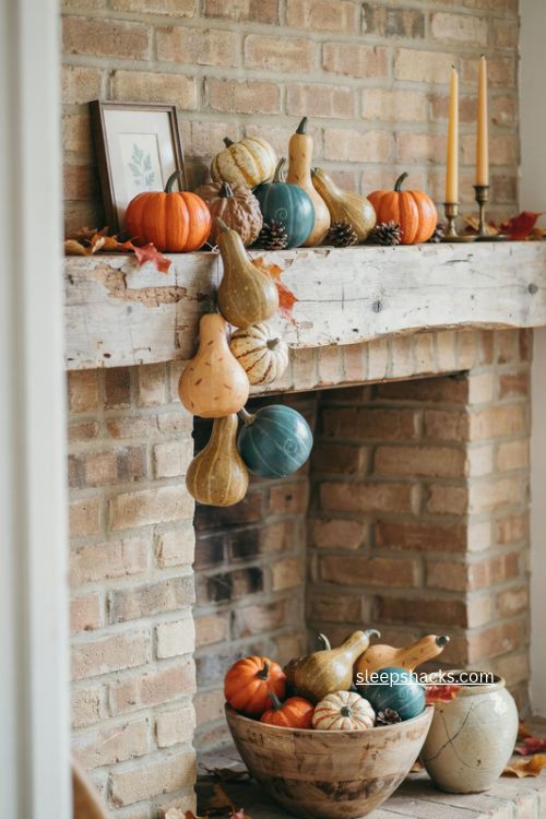 Painted faux gourds fall fireplace mantel decor with handmade pumpkins 