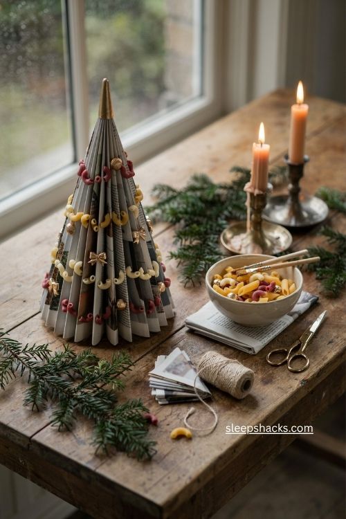 Painted macaroni ornaments on a handmade magazine christmas tree 
