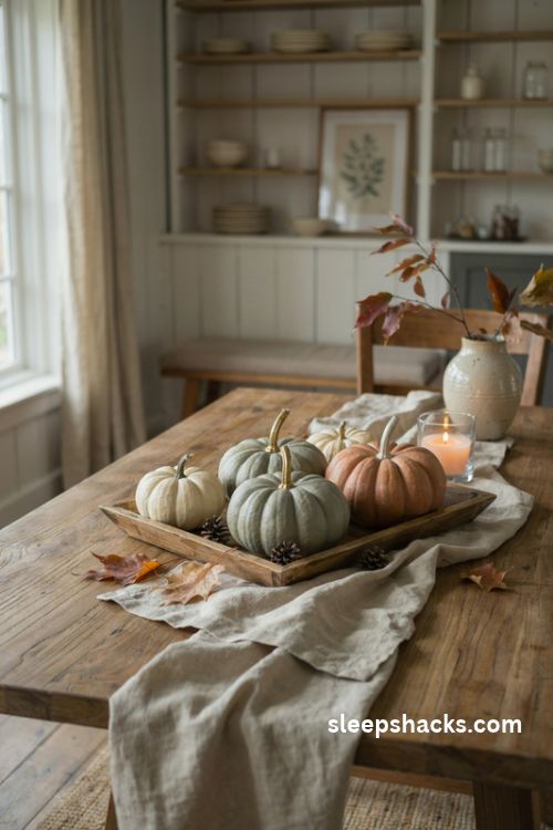 Painted no carve pumpkins in cream sage and terracotta for farmhouse fall decor