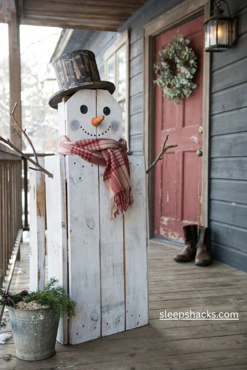 Painted pallet wood snowman with a plaid scarf and wooden hat on a rustic Christmas porch