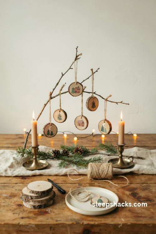 Painted wood slice christmas ornaments with rustic woodland designs and natural jute twine