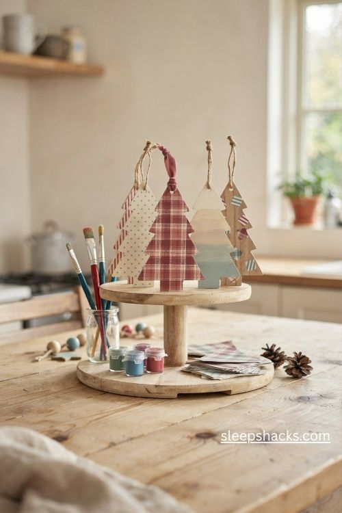 Painted wooden christmas tree cutouts with handmade patterns on a rustic tiered tray 