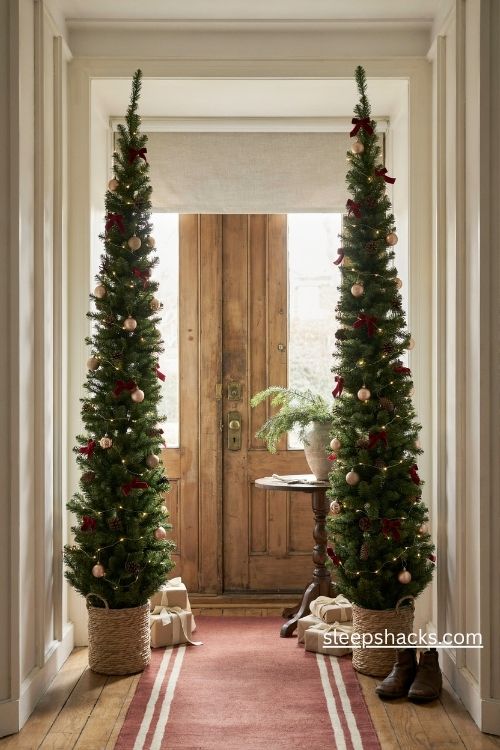Pair of matching pencil christmas trees flanking a front door with warm white lights