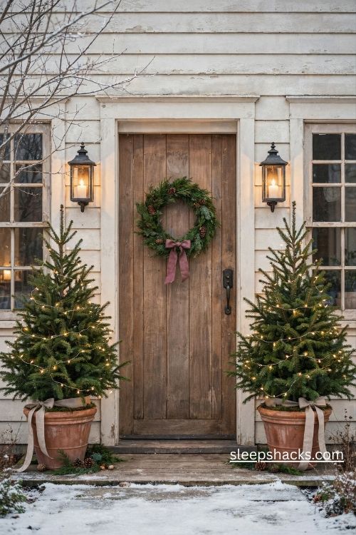 Pair of potted evergreen christmas trees with warm lights beside a welcoming front door
