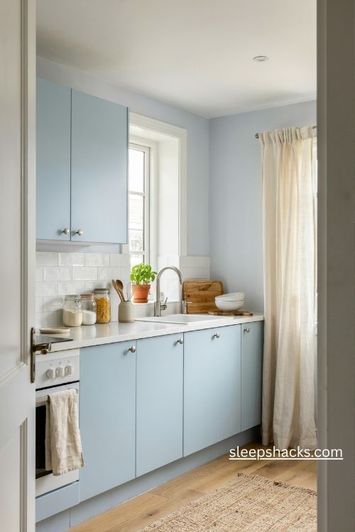 Pale sky blue kitchen cabinets with white countertops and light wood floors