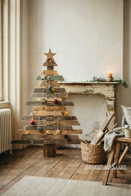 Pallet christmas tree made from rustic reclaimed wood with farmhouse holiday decor 