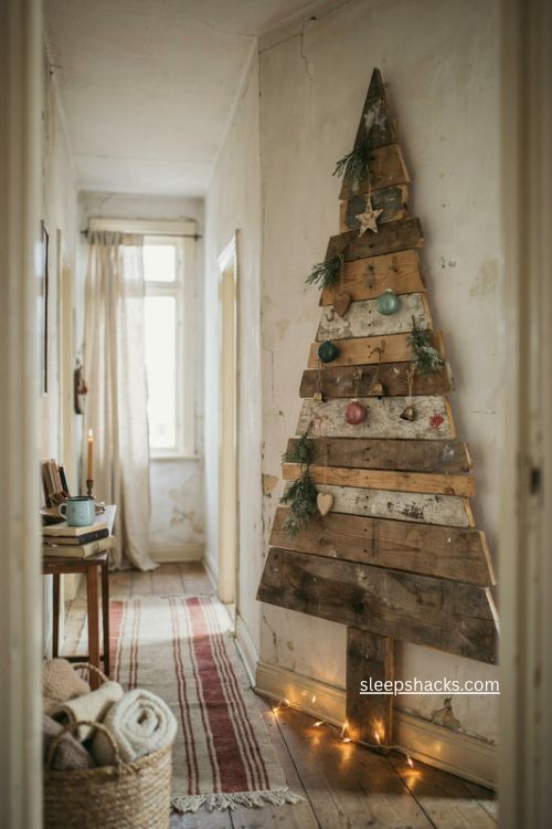 Pallet wood christmas tree with whitewashed boards and vintage ornaments in narrow rustic hallway