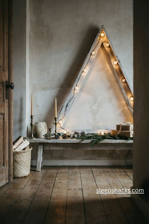 Pallet wood marquee christmas tree with warm glowing bulbs beside a rustic farmhouse mantel 