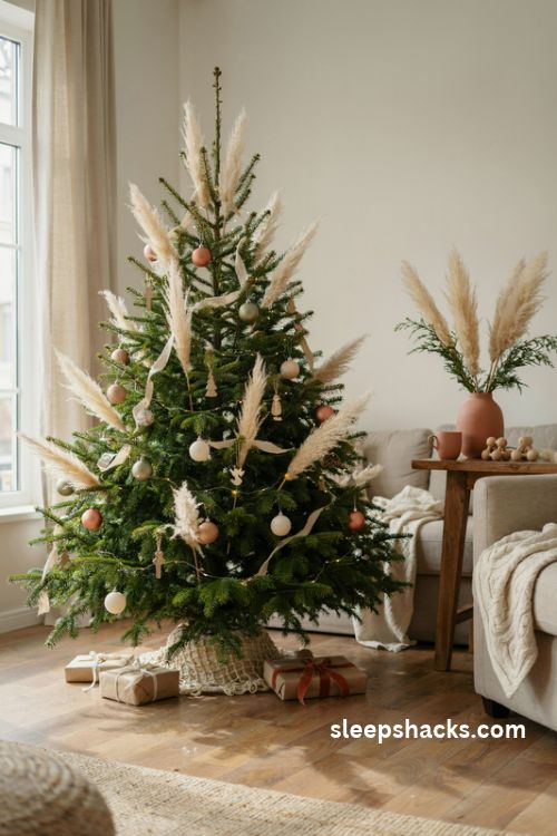 Pampas grass Christmas tree with terracotta ornaments and natural earthy decor
