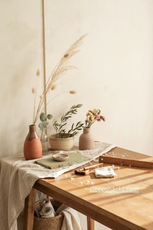 Pampas grass and artisan pottery boho office decor with earthy warmth 