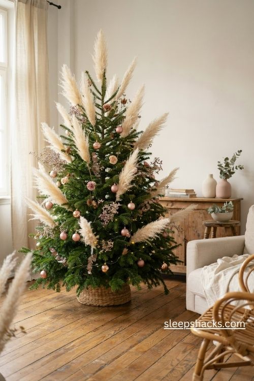 Pampas grass christmas tree with blush dried florals and champagne gold ornaments