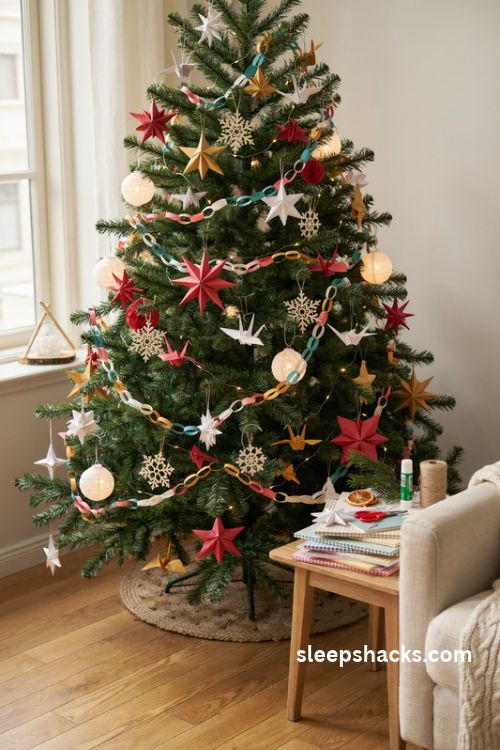 Paper craft Christmas tree with colorful origami stars and handmade garlands