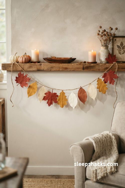 Paper fall leaf garland in red orange mustard and brown for rustic Thanksgiving mantel decor