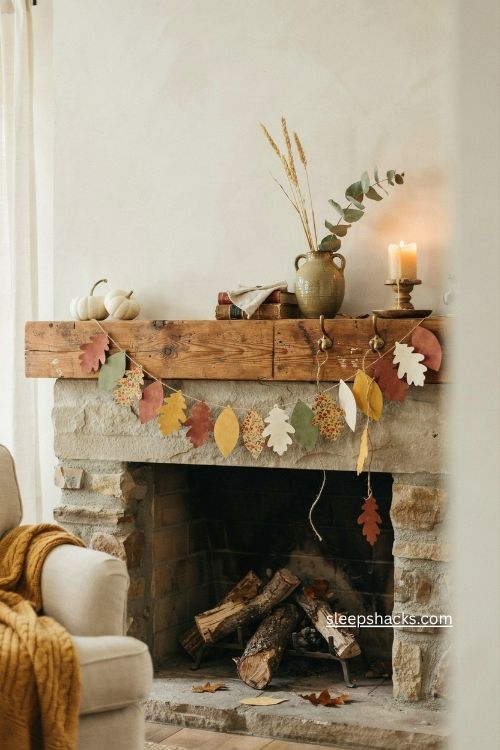 Paper leaf garland in rust mustard and olive across a fall mantel 