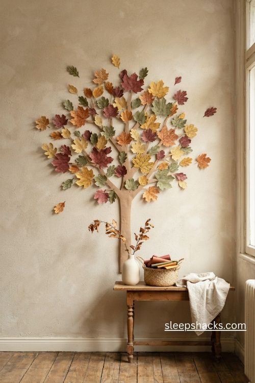 Paper leaf tree wall decor in rustic autumn colors for a cozy home