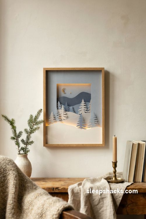 Paper light shadow box with layered christmas hills moon and glowing winter forest