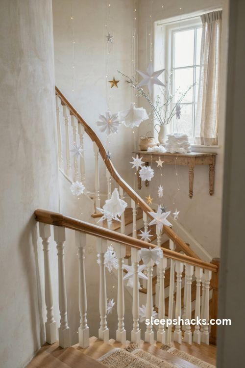 Paper snowflake and star mobiles hanging above a farmhouse staircase with delicate white cutouts silver accents and warm fairy lights
