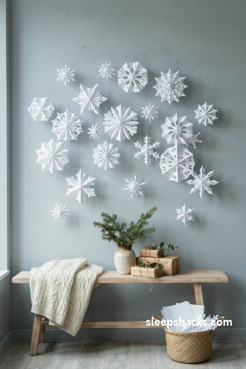 Paper snowflake wall christmas backdrop with handmade white snowflakes on a blue wall