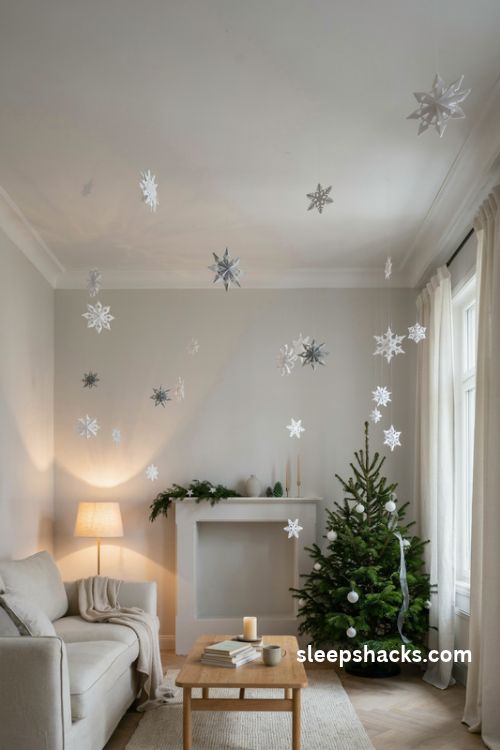 Paper snowflakes hanging from the ceiling for whimsical Christmas decor with handmade winter crafts and magical shadows