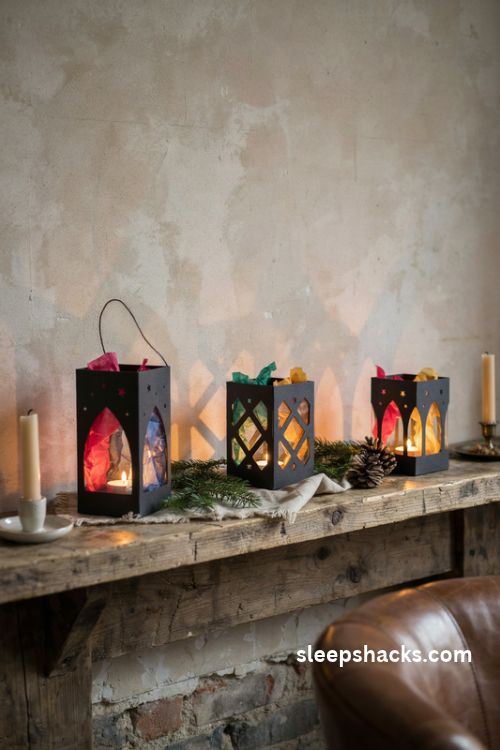 Paper stained glass Christmas light boxes with glowing tissue paper windows and battery tea lights
