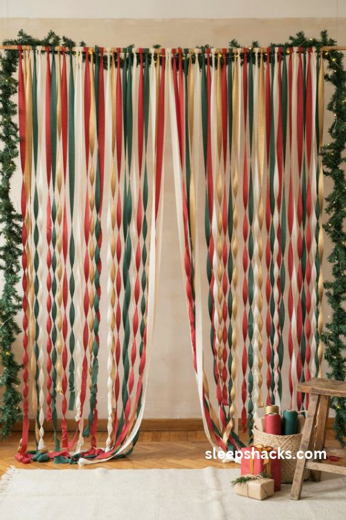 Paper streamer curtain christmas photo backdrop with red green white and gold decorations