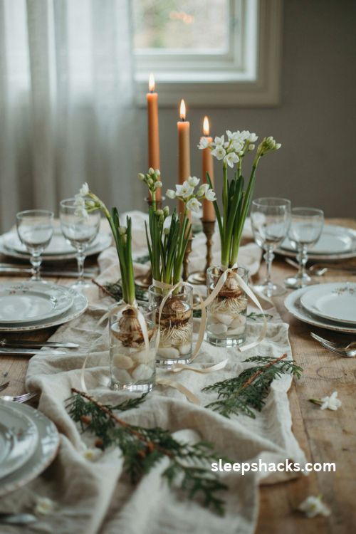 Paperwhite narcissus in glass cylinders with river stones for an elegant Christmas table centerpiece