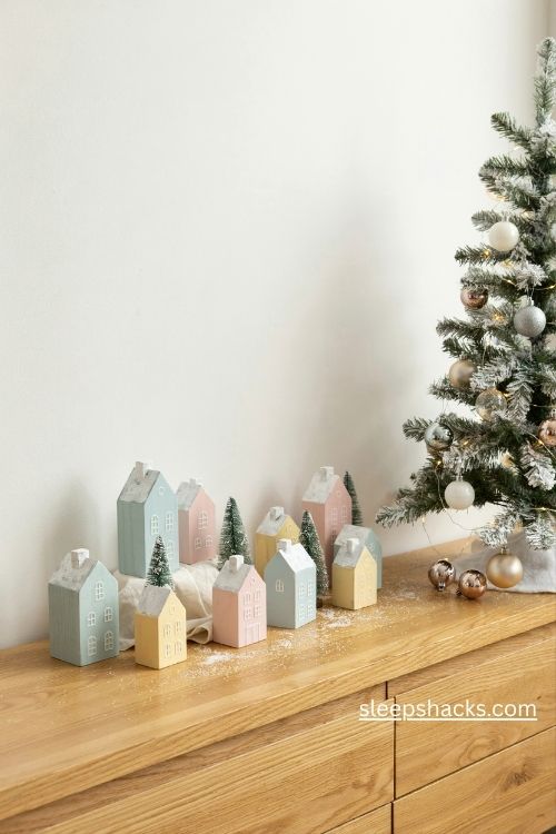 Pastel Christmas village with mint pink and butter yellow houses beside a white flocked tree