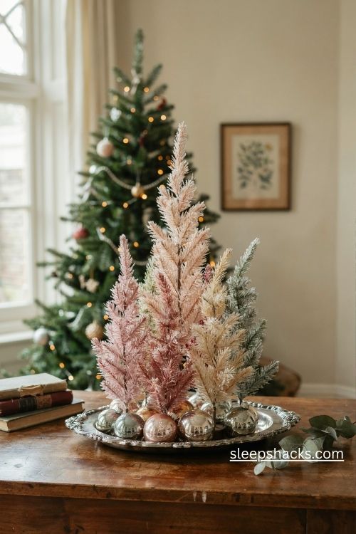 Pastel bottlebrush christmas trees in vintage silver dishes