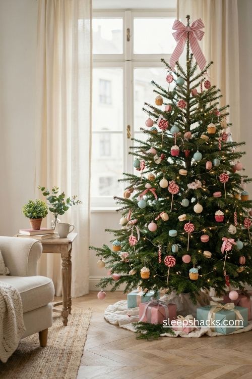Pastel candy christmas tree with pink macarons mint ornaments and striped bow
