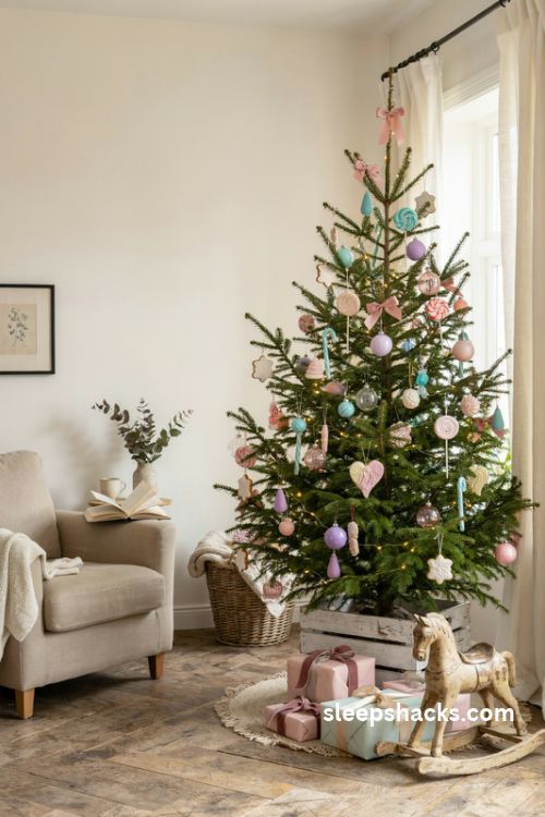 Pastel candy christmas tree with pink mint and baby blue ornaments in a cozy vintage living room