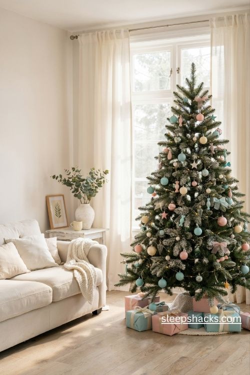 Pastel candy color Christmas tree with mint blue pink and lemon ornaments