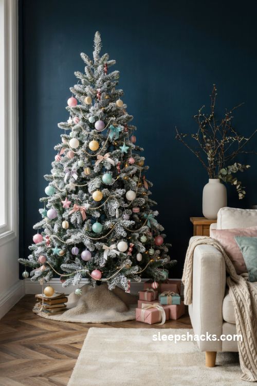 Pastel candy color Christmas tree with pink mint lavender and butter yellow ornaments against a navy wall