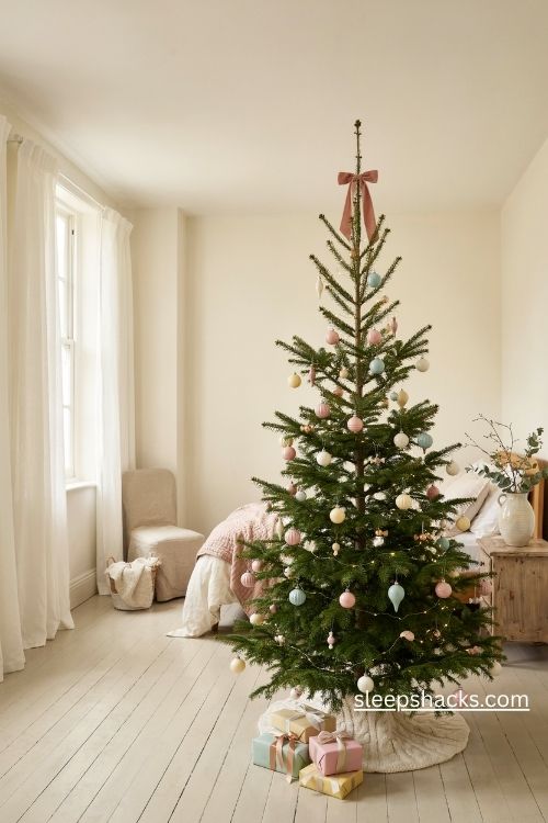 Pastel candy color pencil christmas tree with blush pink mint blue and yellow ornaments