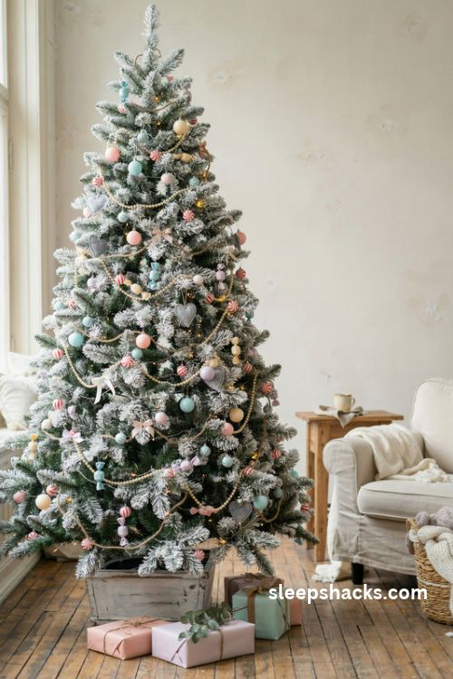 Pastel candy garland with pink mint gumdrops peppermints and white pearls on a flocked christmas tree