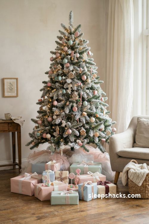 Pastel candy land christmas tree base with pink mint gift boxes striped ribbons and fluffy white tulle