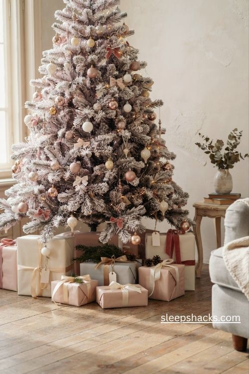 ### Title Pastel christmas gifts wrapped in cream blush and pale gray paper with matching velvet ribbons beneath a pink tree