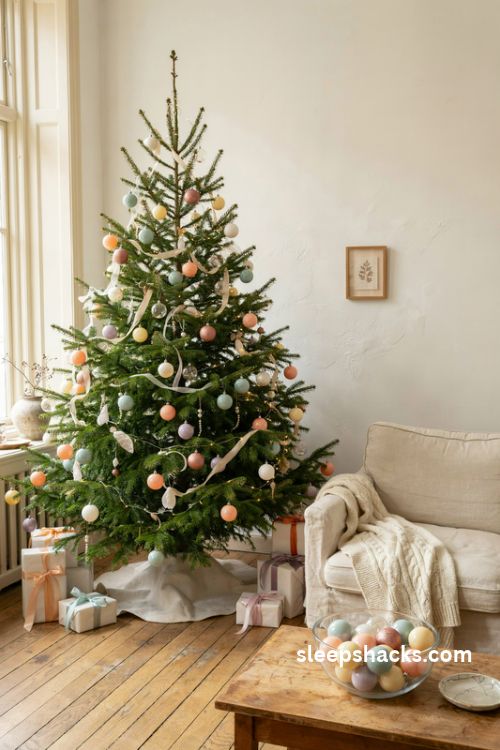 Pastel christmas tree with peach mint lilac and butter yellow ornaments