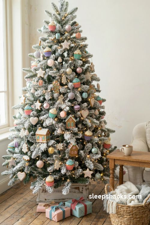 Pastel gingerbread houses frosted cookies and cupcake ornaments on a snowy white candy christmas tree