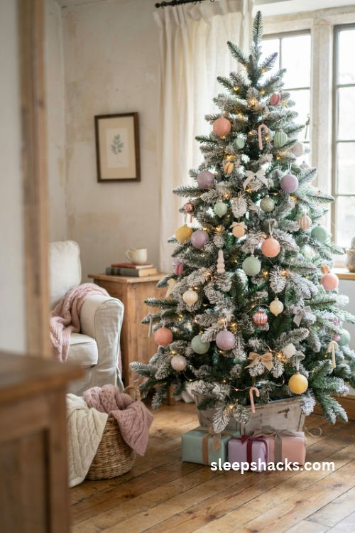 Pastel gumdrop christmas ornaments in pink mint lemon and lavender clustered on a frosted white tree