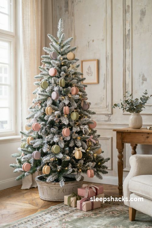Pastel macaron christmas tree ornaments in blush pink pistachio lemon and lilac on snowy white branches