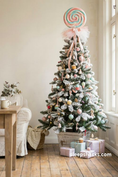 Pastel peppermint swirl lollipop tree topper with pink satin ribbons on a frosted white candy christmas tree