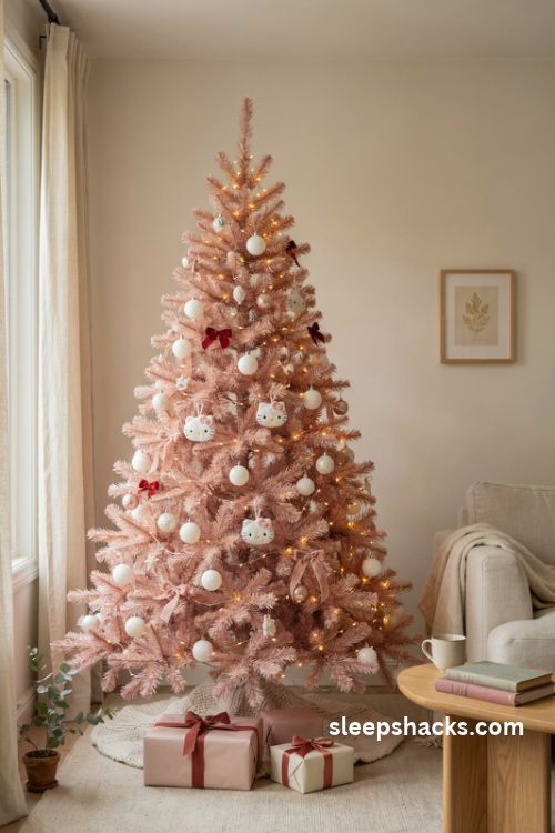 Pastel pink Hello Kitty Christmas tree with white ornaments red bows and warm fairy lights