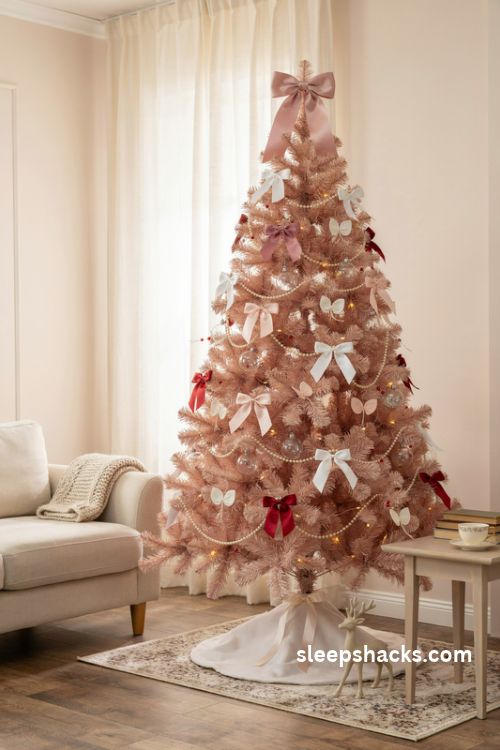 Pastel pink minnie mouse christmas tree with satin bows pearl garlands and clear glass ornaments