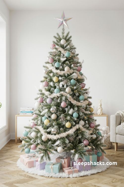 Pastel rainbow Christmas tree with mint blush lavender and yellow ornaments fluffy white ribbon and iridescent star