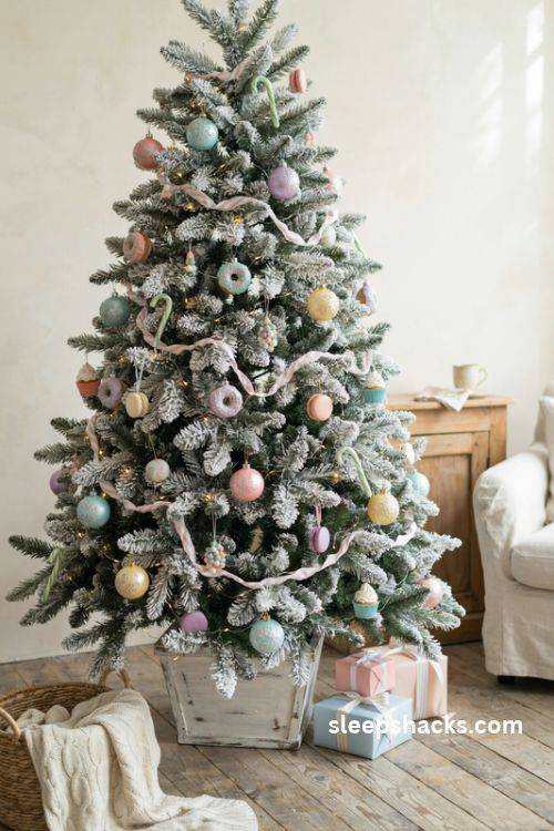 Pastel sprinkle glitter baubles in pink blue yellow and mint on a frosted white candy christmas tree