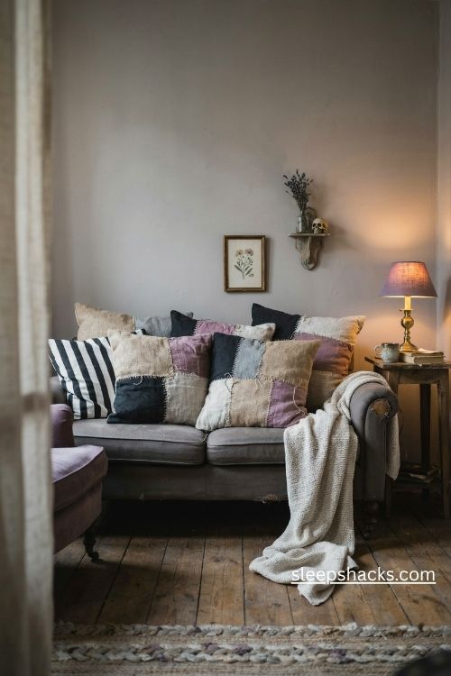 Patchwork throw pillows in black gray and faded purple for a cozy nightmare before christmas living room